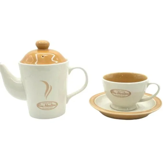 Tim Hortons Ceramic Teapot & Cup Set With Saucer Beige & White - Picture 3 of 7